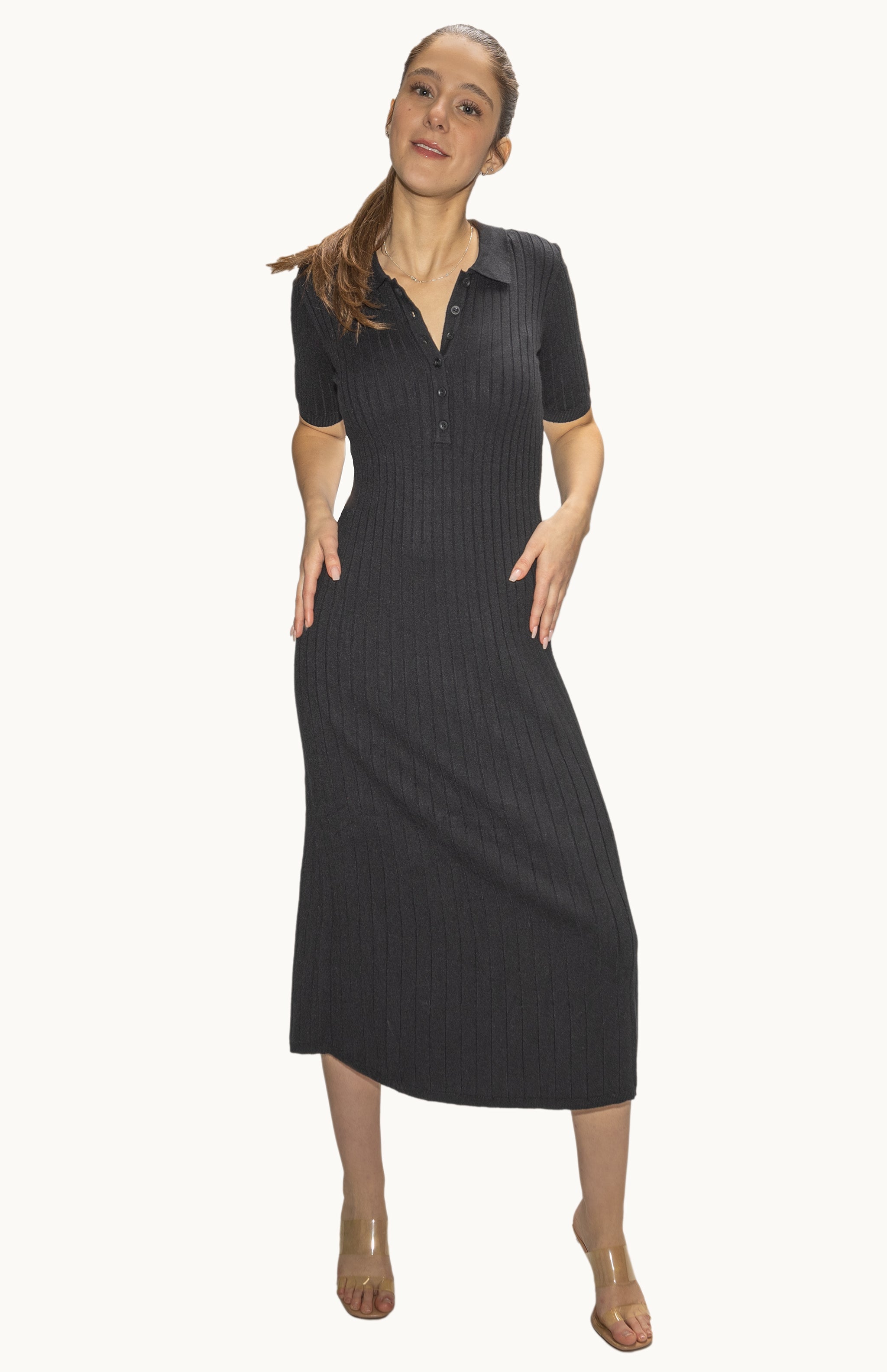 Short Sleeve Rib Knit Black Dress