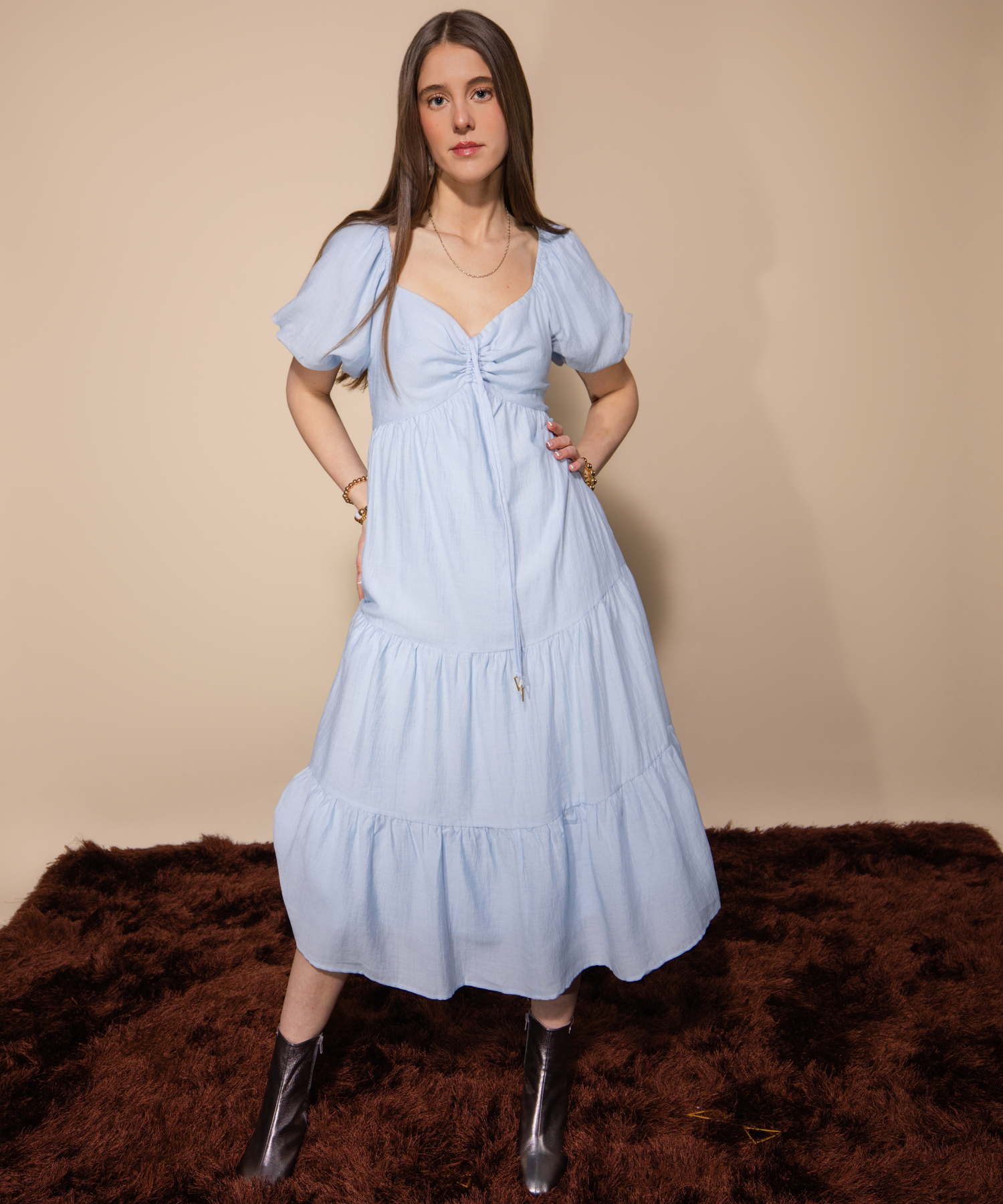 BALLOON SLEEVE MIDI DRESS Light Blue / L BALLOON SLEEVE MIDI DRESS Light Blue / L