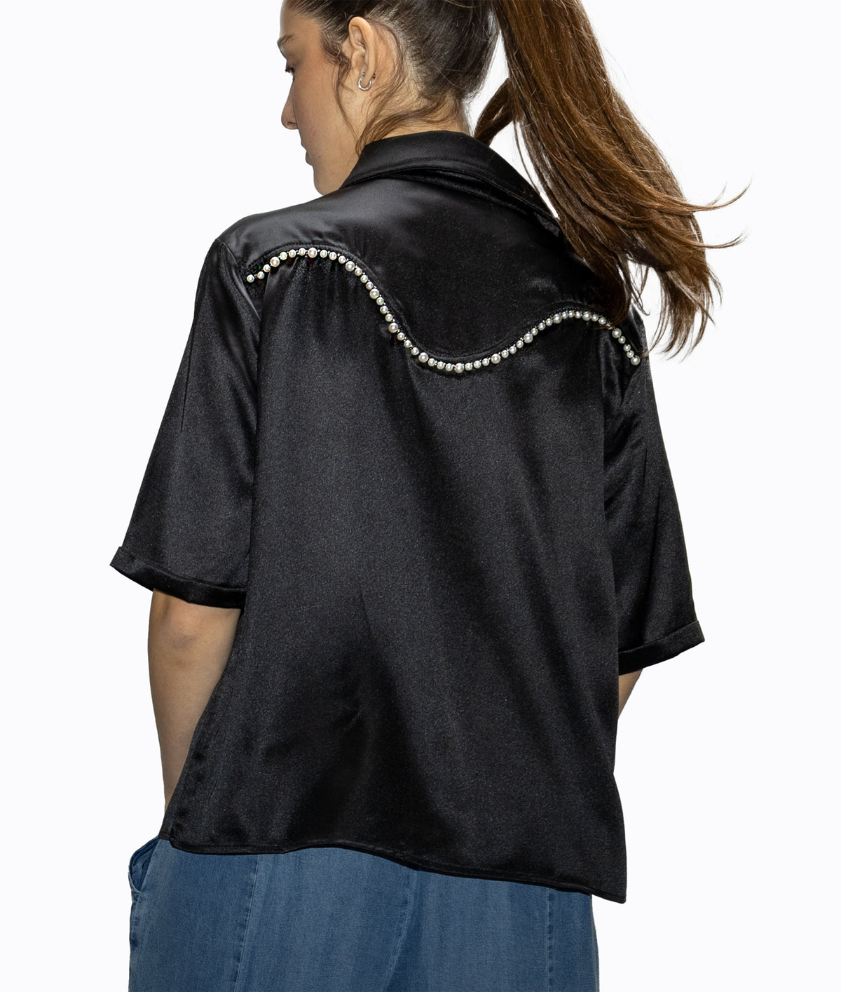 Satin Western Shirt with Pearls Detail