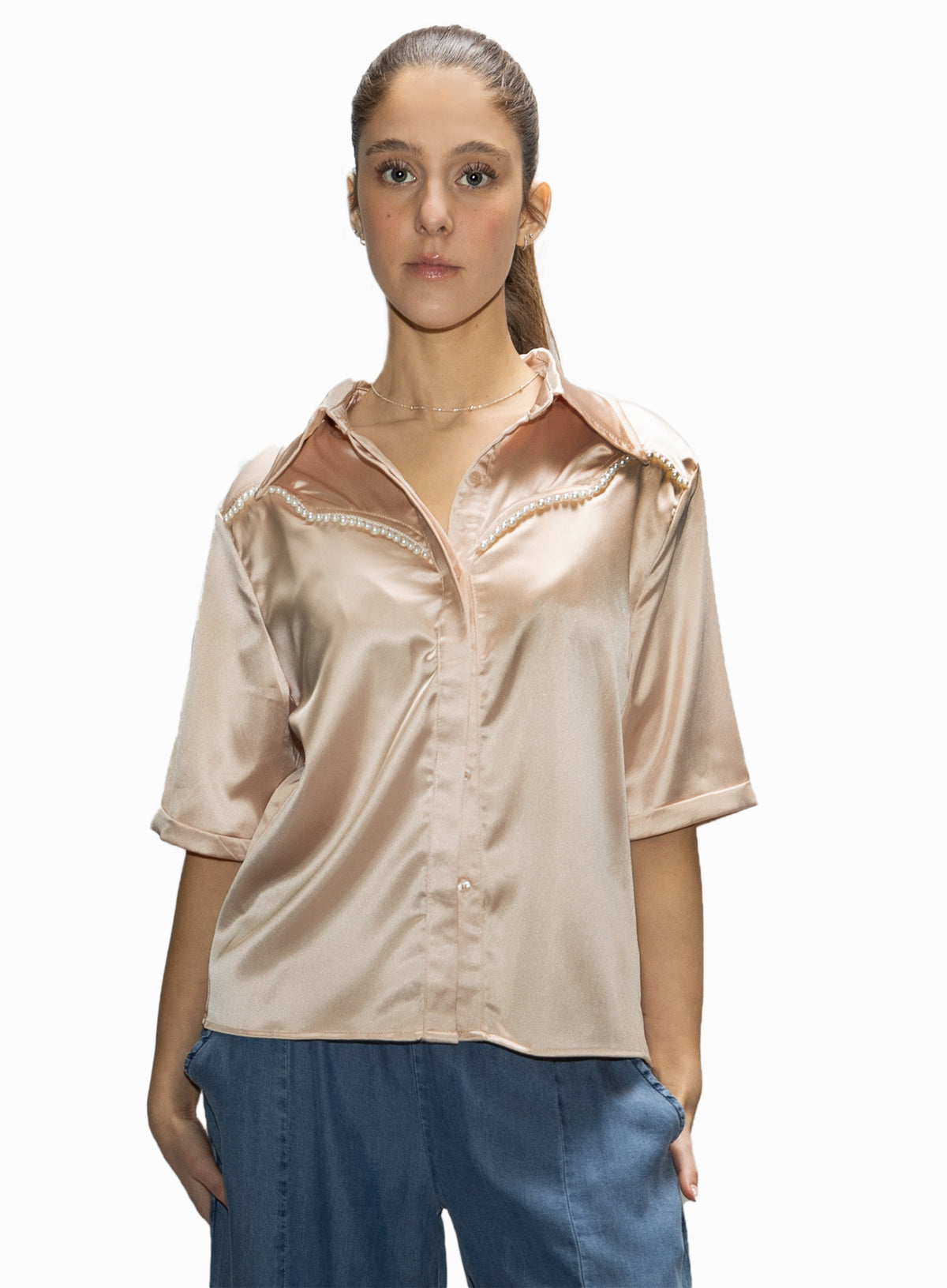 Satin Western Shirt with Pearls Detail