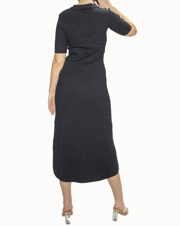 Short Sleeve Rib Knit Black Dress