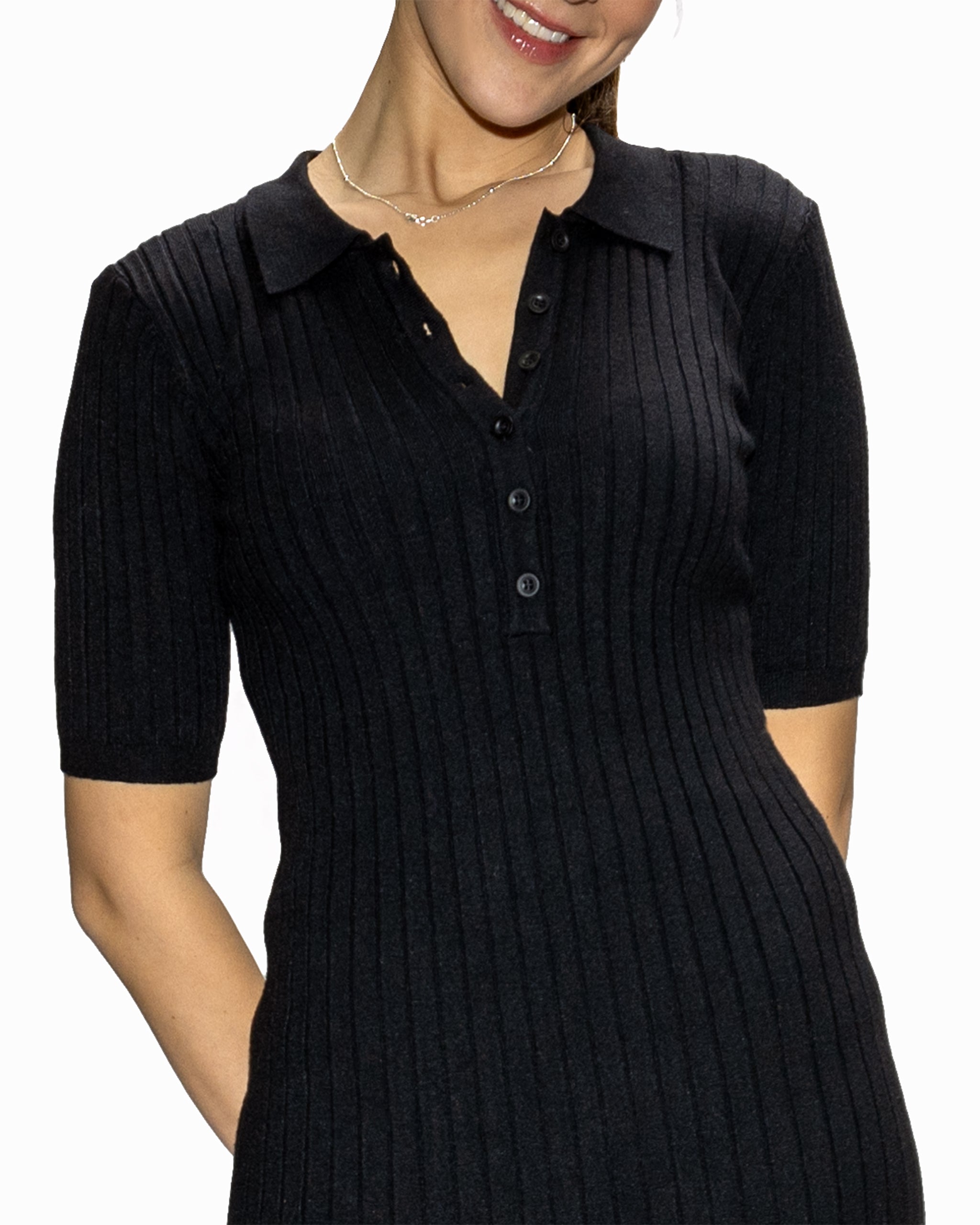 Short Sleeve Rib Knit Black Dress